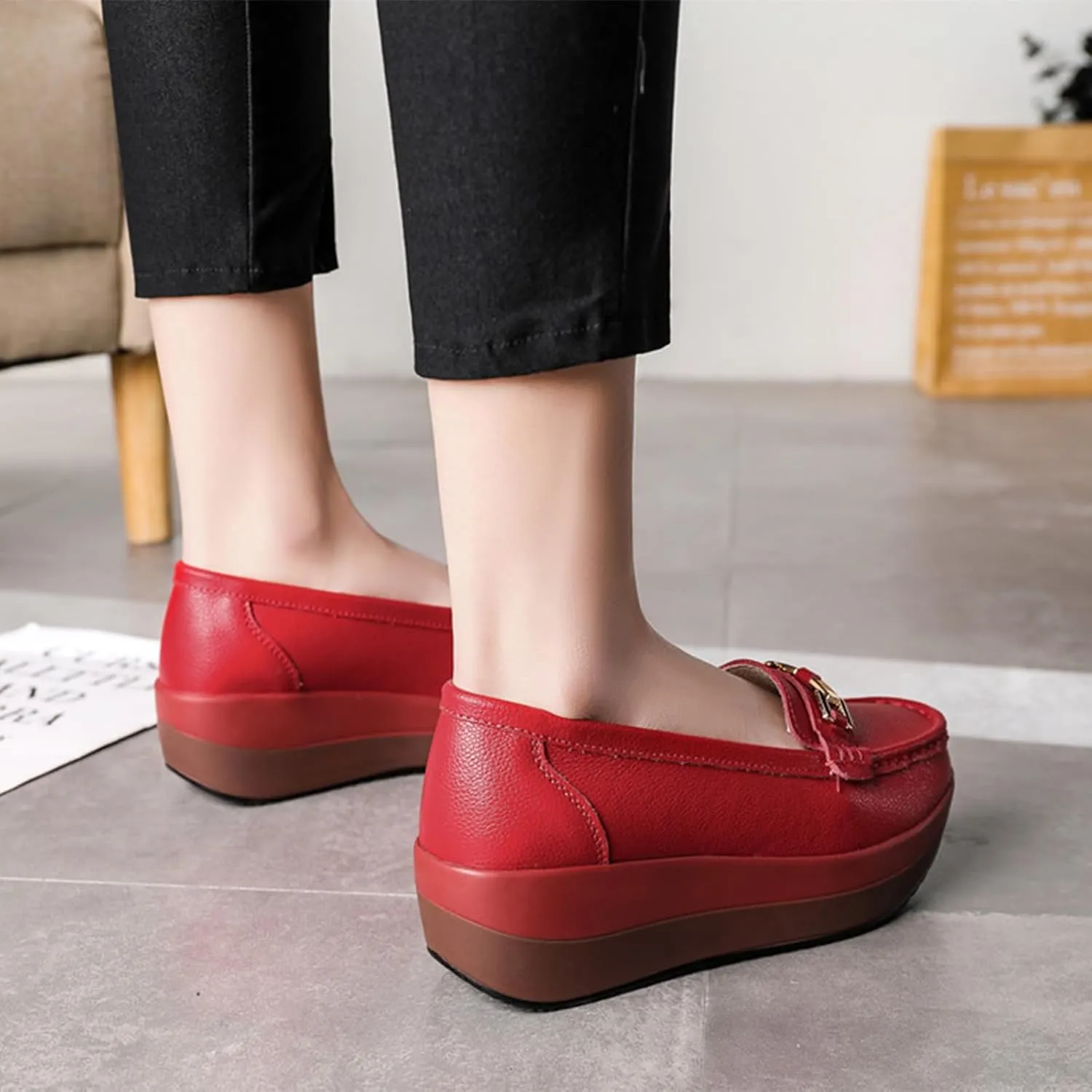 Women's Genuine Leather Wedge Heel Rocker Loafers Comfort Non Slip Platform Slip On Walking Shoes Casual Shopping Daily Mom Shoes