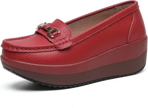Women's Genuine Leather Wedge Heel Rocker Loafers Comfort Non Slip Platform Slip On Walking Shoes Casual Shopping Daily Mom Shoes