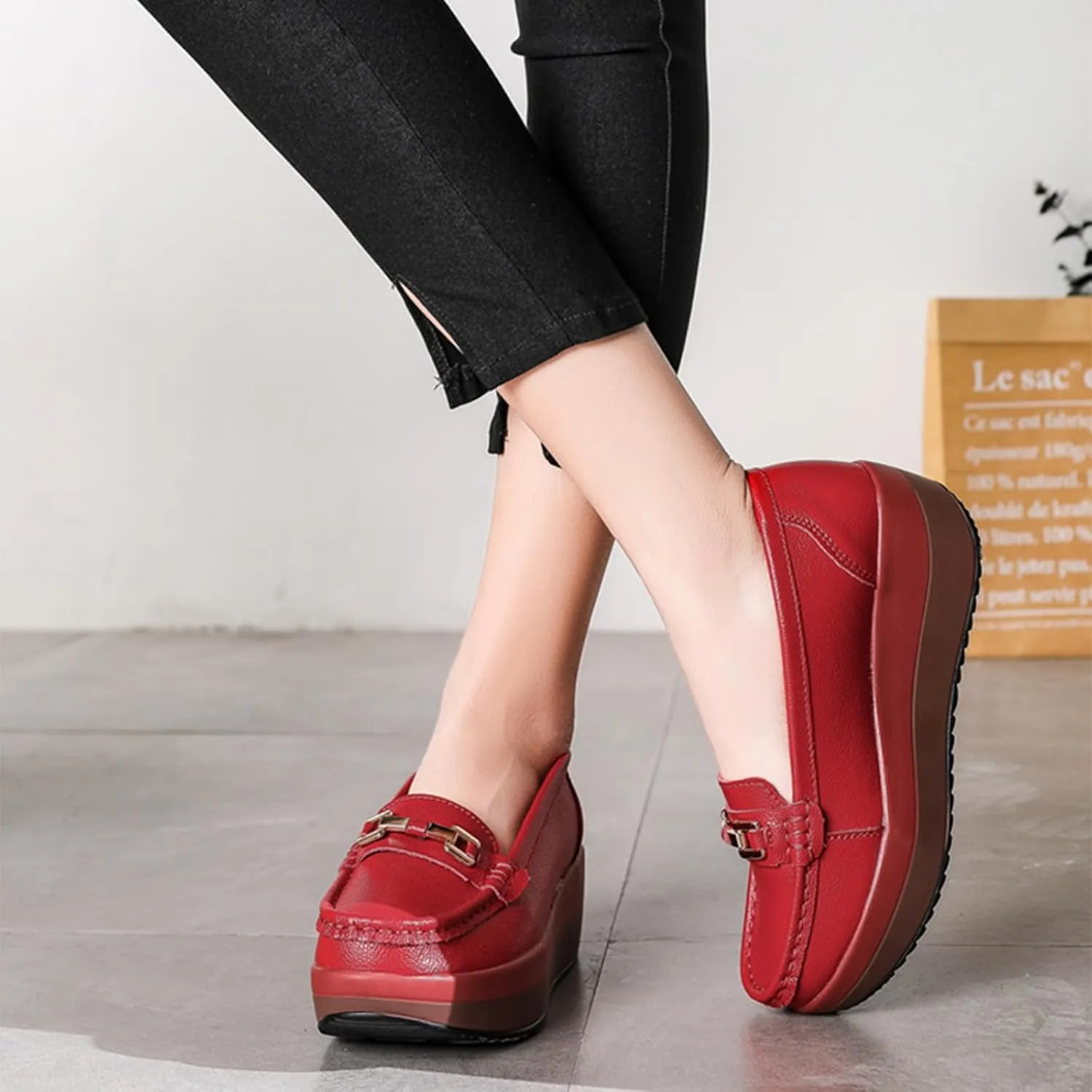 Women's Genuine Leather Wedge Heel Rocker Loafers Comfort Non Slip Platform Slip On Walking Shoes Casual Shopping Daily Mom Shoes
