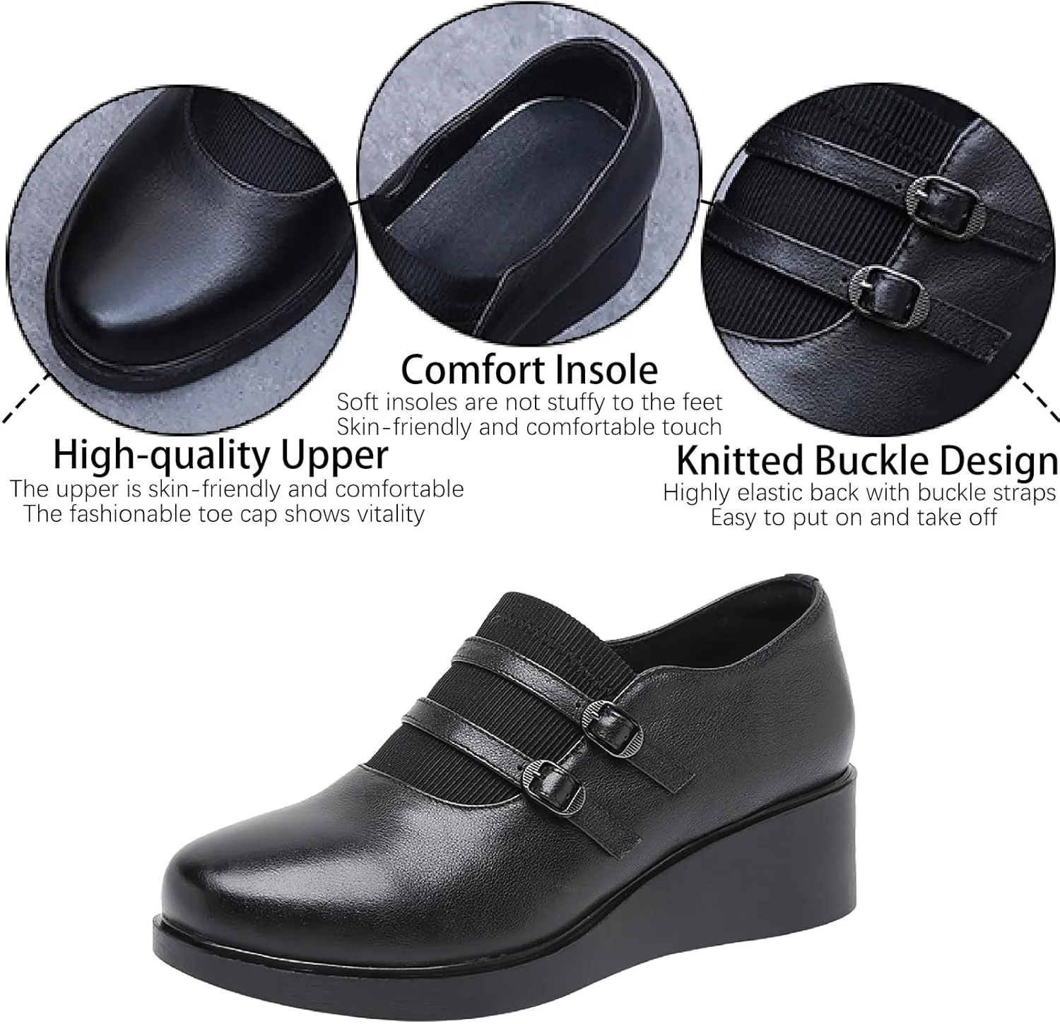 Women's Genuine Leather Wedge Loafers with Adjust Buckle Strap Casual Comfortable Round Toe Slip On Soft Platform Walking Shoes for Daily Driving Work Mom Shoes