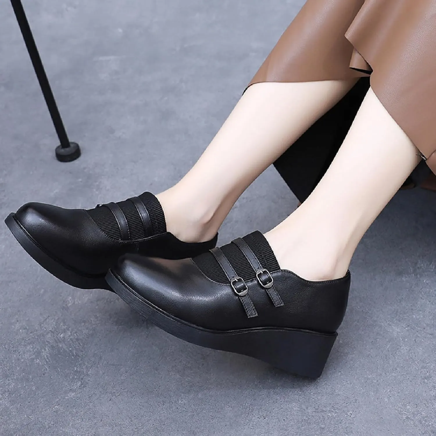 Women's Genuine Leather Wedge Loafers with Adjust Buckle Strap Casual Comfortable Round Toe Slip On Soft Platform Walking Shoes for Daily Driving Work Mom Shoes
