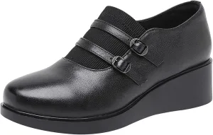 Women's Genuine Leather Wedge Loafers with Adjust Buckle Strap Casual Comfortable Round Toe Slip On Soft Platform Walking Shoes for Daily Driving Work Mom Shoes