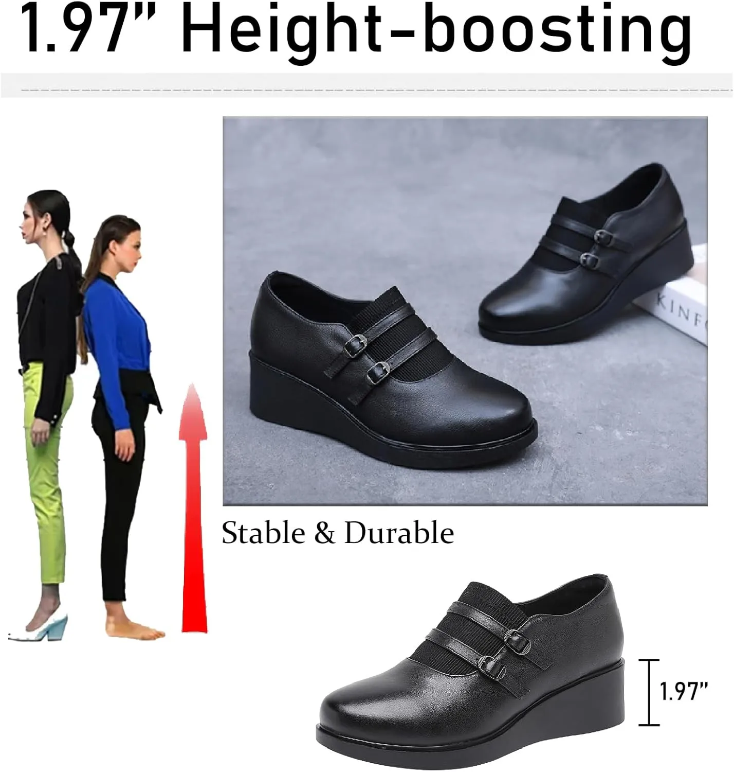 Women's Genuine Leather Wedge Loafers with Adjust Buckle Strap Casual Comfortable Round Toe Slip On Soft Platform Walking Shoes for Daily Driving Work Mom Shoes