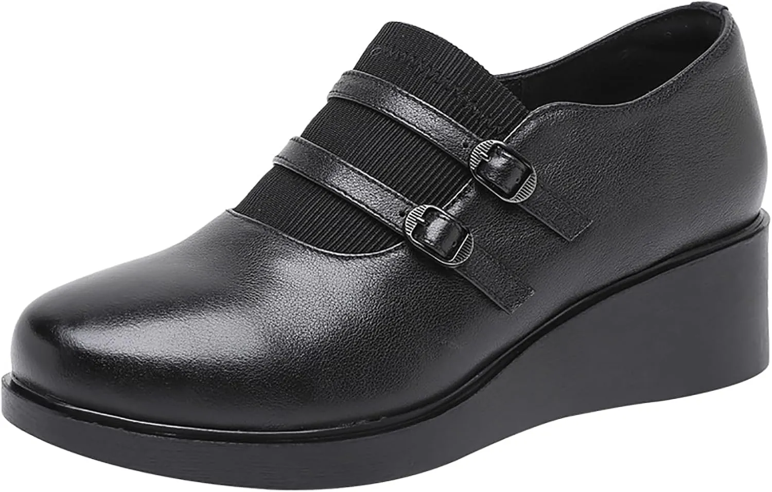 Women's Genuine Leather Wedge Loafers with Adjust Buckle Strap Casual Comfortable Round Toe Slip On Soft Platform Walking Shoes for Daily Driving Work Mom Shoes