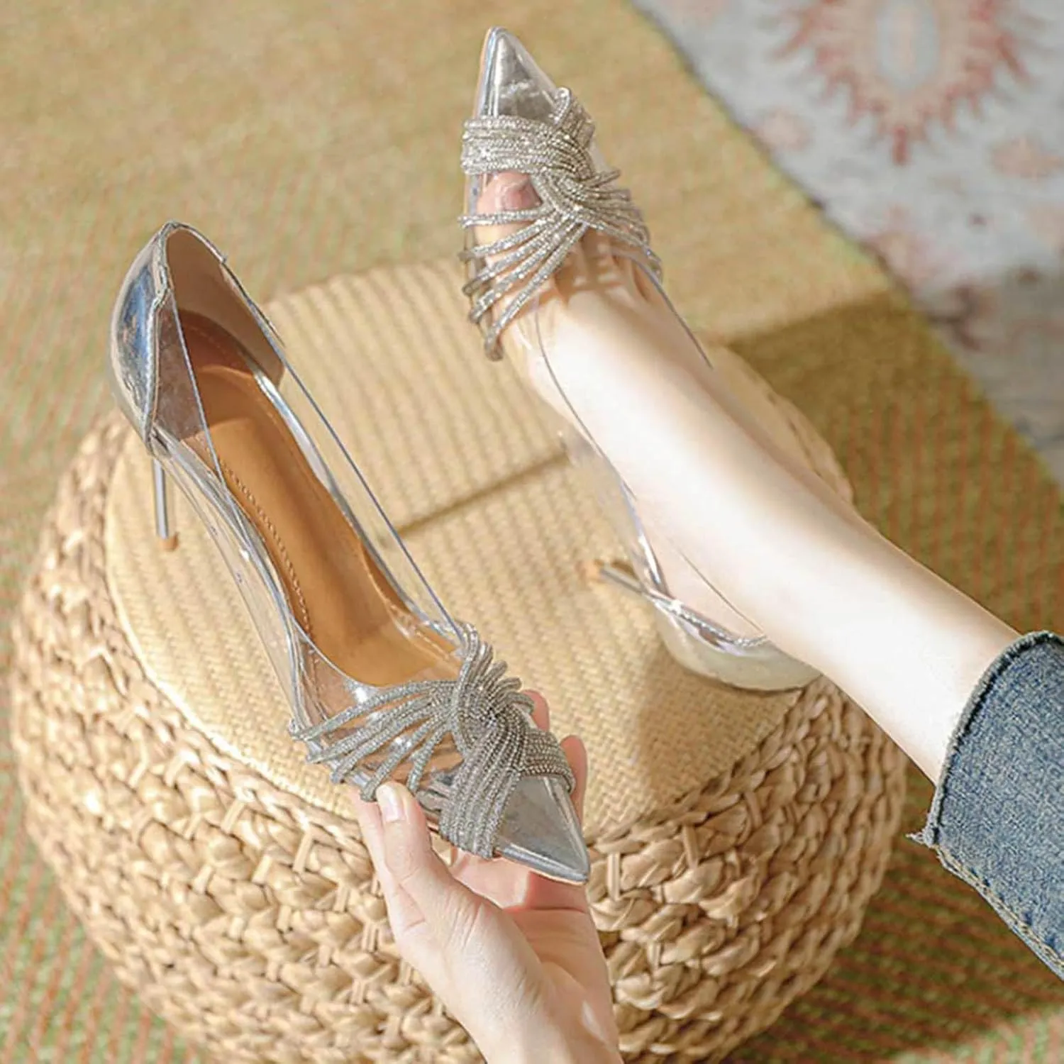 Women's Glitzy Heeled Sandal - Clear PVC Stiletto Heel Slide Sandals- Pointed Toe Slip-on Backless Mules for Bride Dress Shoes