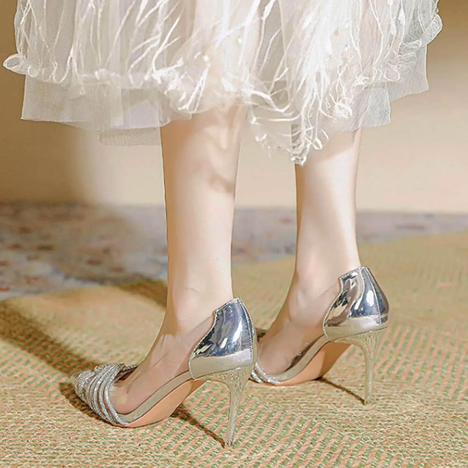 Women's Glitzy Heeled Sandal - Clear PVC Stiletto Heel Slide Sandals- Pointed Toe Slip-on Backless Mules for Bride Dress Shoes