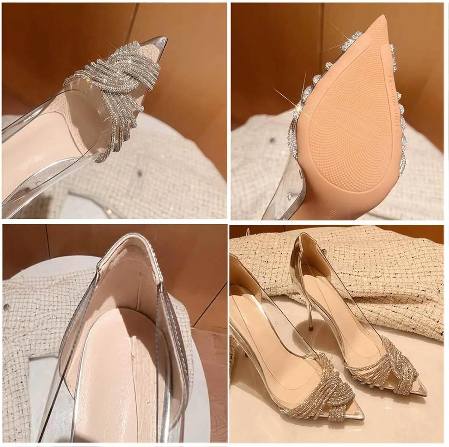 Women's Glitzy Heeled Sandal - Clear PVC Stiletto Heel Slide Sandals- Pointed Toe Slip-on Backless Mules for Bride Dress Shoes