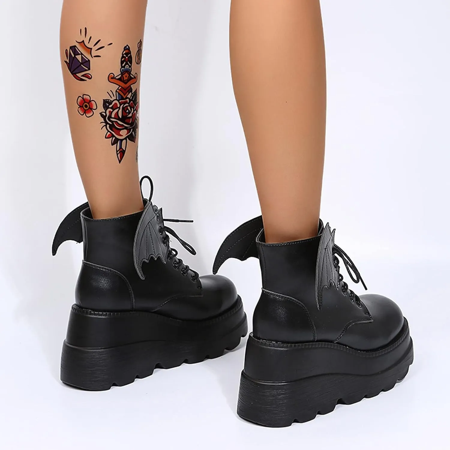 Women's Gothic Cute Platform Lace up Booties Black Lolita Punk Pumps Chunky High Round Toe Heel Boots Combat Boot