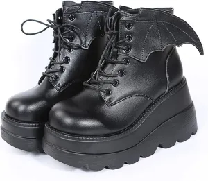 Women's Gothic Cute Platform Lace up Booties Black Lolita Punk Pumps Chunky High Round Toe Heel Boots Combat Boot