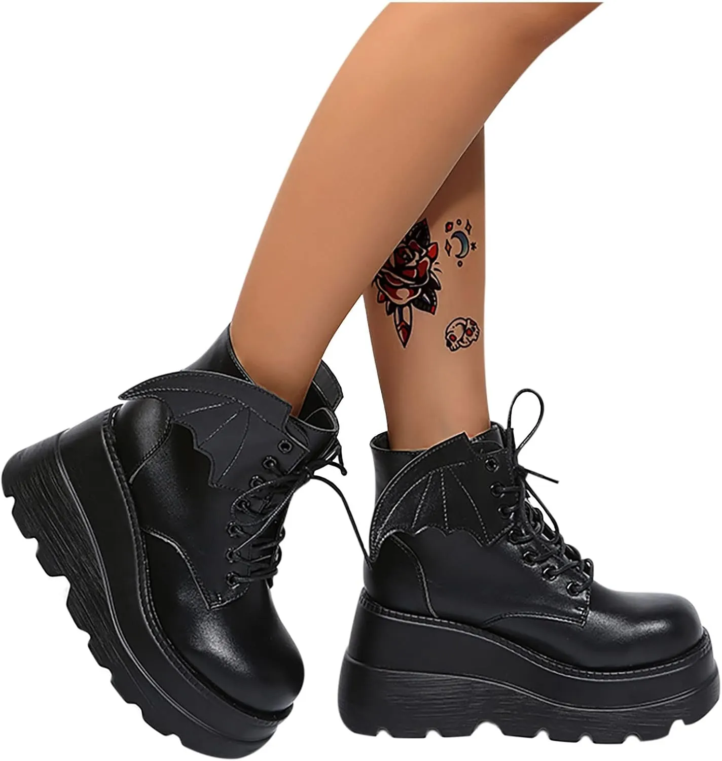 Women's Gothic Cute Platform Lace up Booties Black Lolita Punk Pumps Chunky High Round Toe Heel Boots Combat Boot