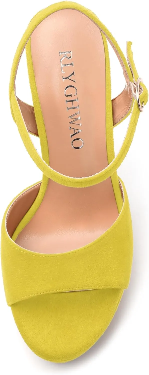 Women's Heeled Sandals, Buckle Ankle Strap Platform High Heels, Round Open Toe Fashion Suede Wedding Working Partying Shoes for Women