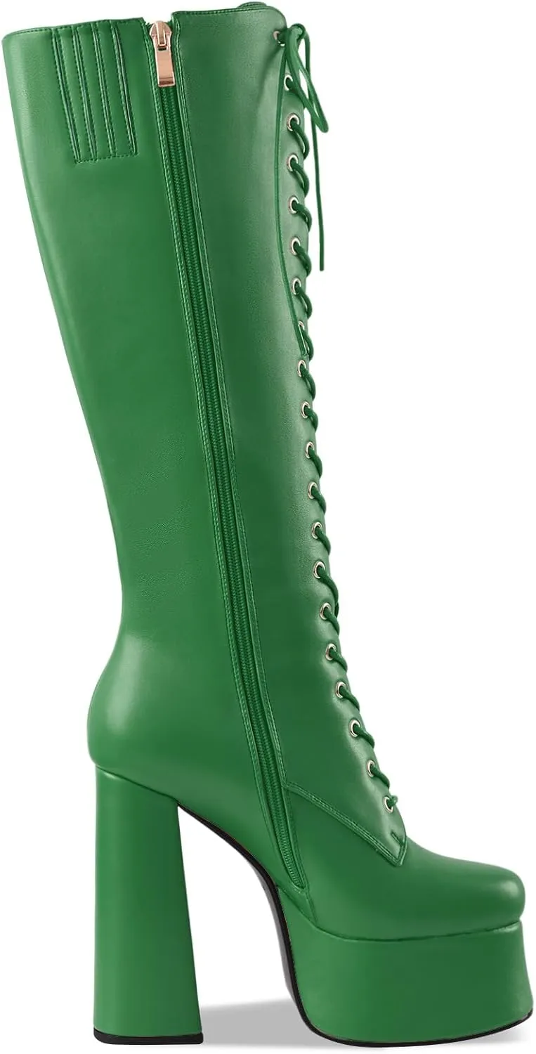 Women's High Chunky Heel Platform Knee High Boots Fashion Leather Lace Up Heeled Long Boots Wide Calf