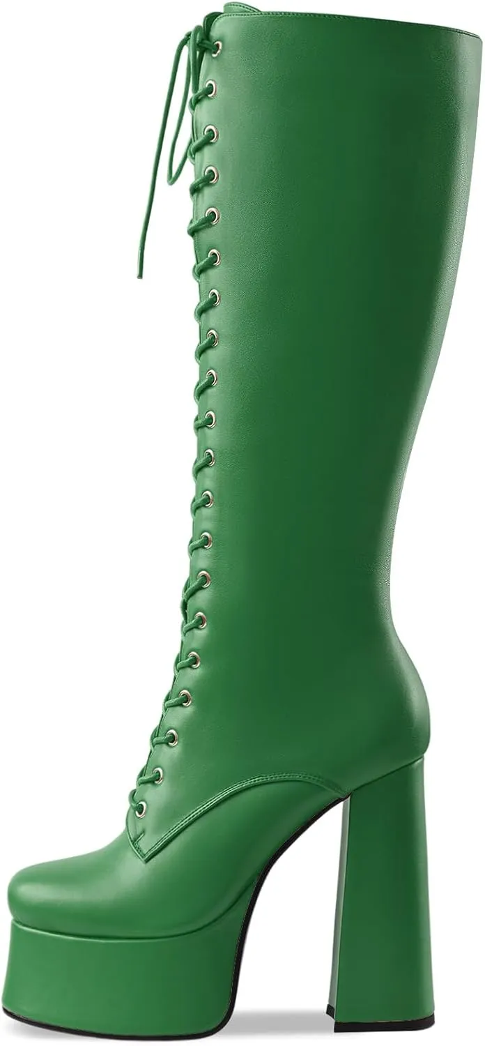 Women's High Chunky Heel Platform Knee High Boots Fashion Leather Lace Up Heeled Long Boots Wide Calf