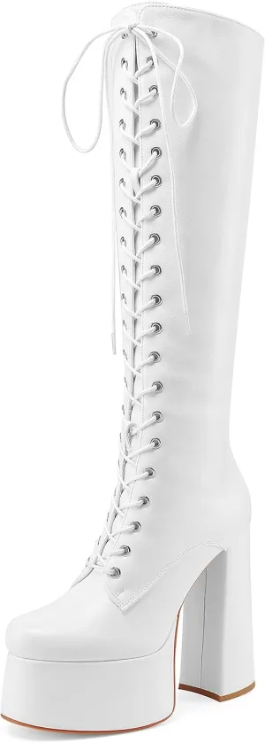 Women's High Chunky Heel Platform Knee High Boots Fashion Leather Lace Up Heeled Long Boots Wide Calf