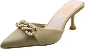 Women's Kitten Heel Mules,Pearl Chain Pointed Toe Mules Fashion Leather Stiletto High Heels Slip On Bridal Sandals for Women