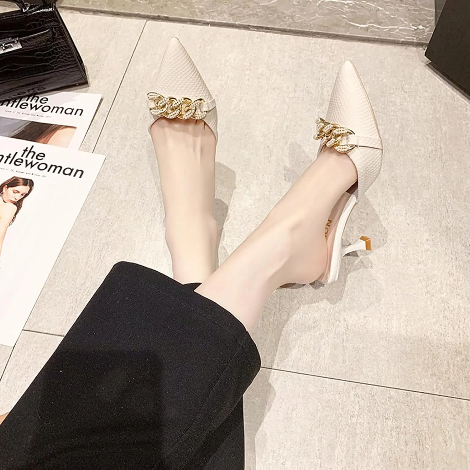 Women's Kitten Heel Mules,Pearl Chain Pointed Toe Mules Fashion Leather Stiletto High Heels Slip On Bridal Sandals for Women