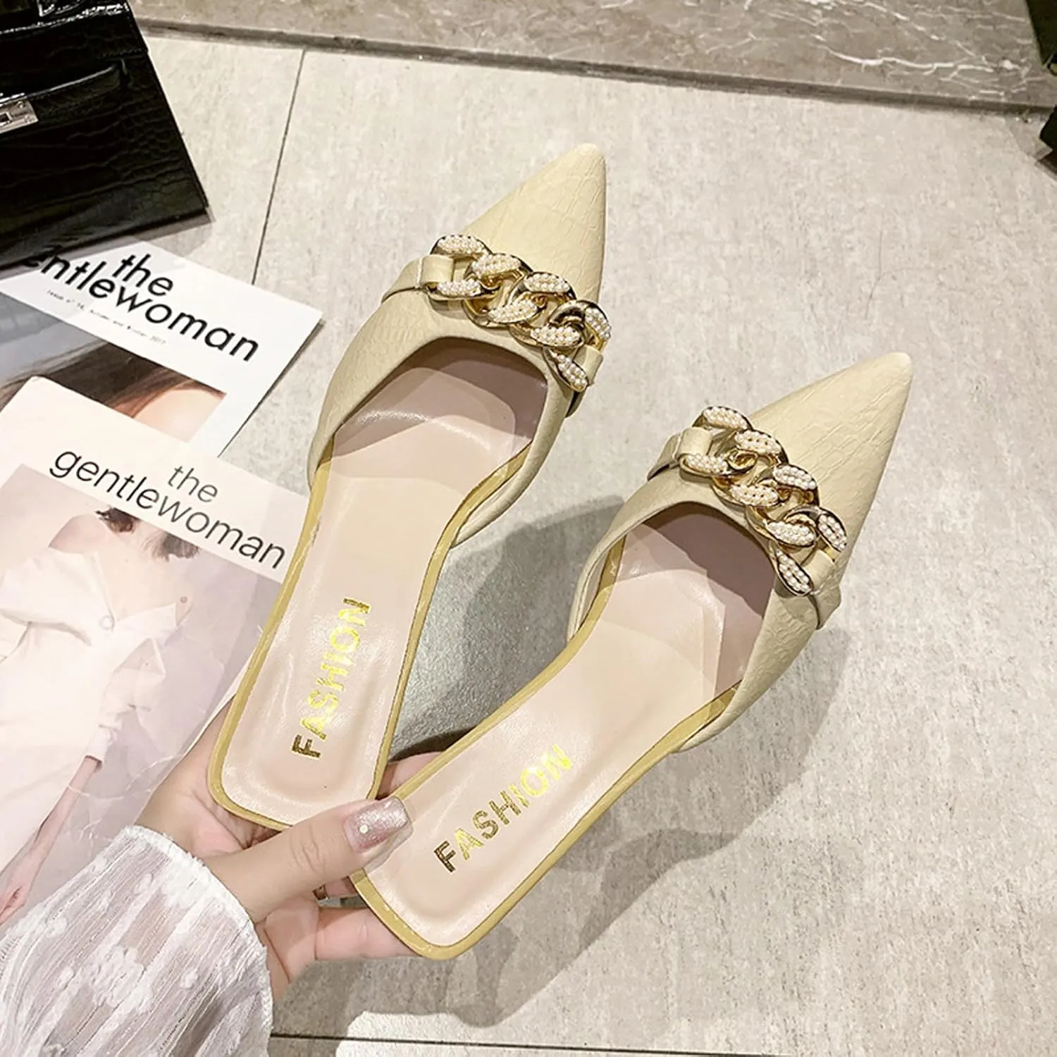 Women's Kitten Heel Mules,Pearl Chain Pointed Toe Mules Fashion Leather Stiletto High Heels Slip On Bridal Sandals for Women