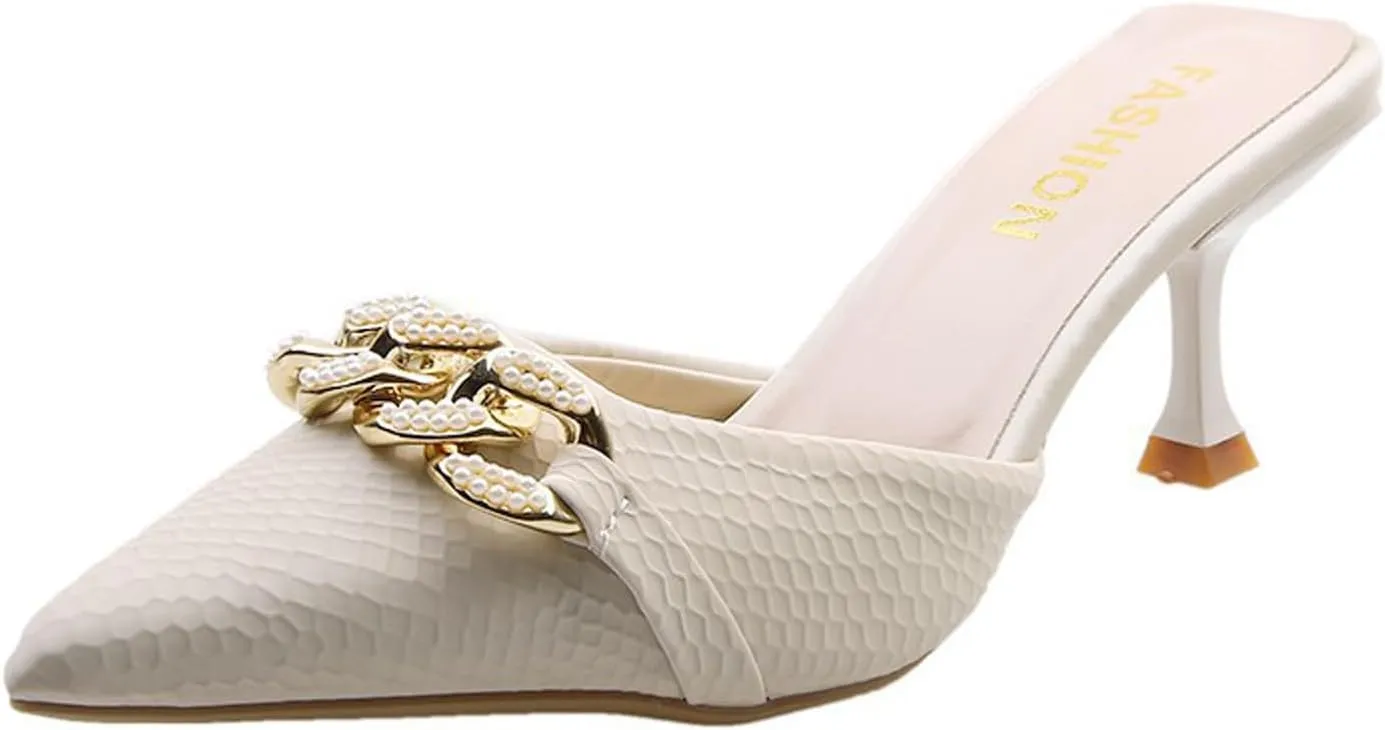 Women's Kitten Heel Mules,Pearl Chain Pointed Toe Mules Fashion Leather Stiletto High Heels Slip On Bridal Sandals for Women
