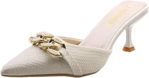 Women's Kitten Heel Mules,Pearl Chain Pointed Toe Mules Fashion Leather Stiletto High Heels Slip On Bridal Sandals for Women