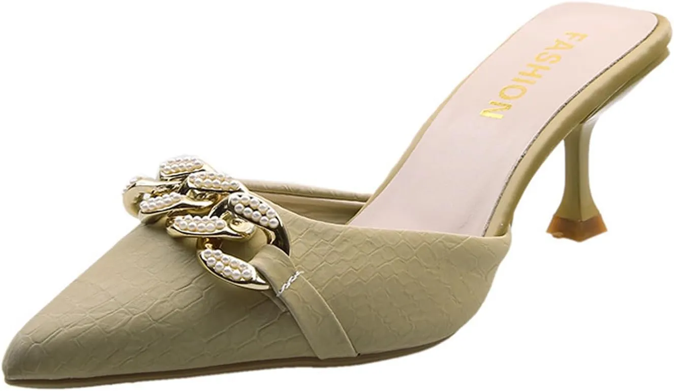 Women's Kitten Heel Mules,Pearl Chain Pointed Toe Mules Fashion Leather Stiletto High Heels Slip On Bridal Sandals for Women