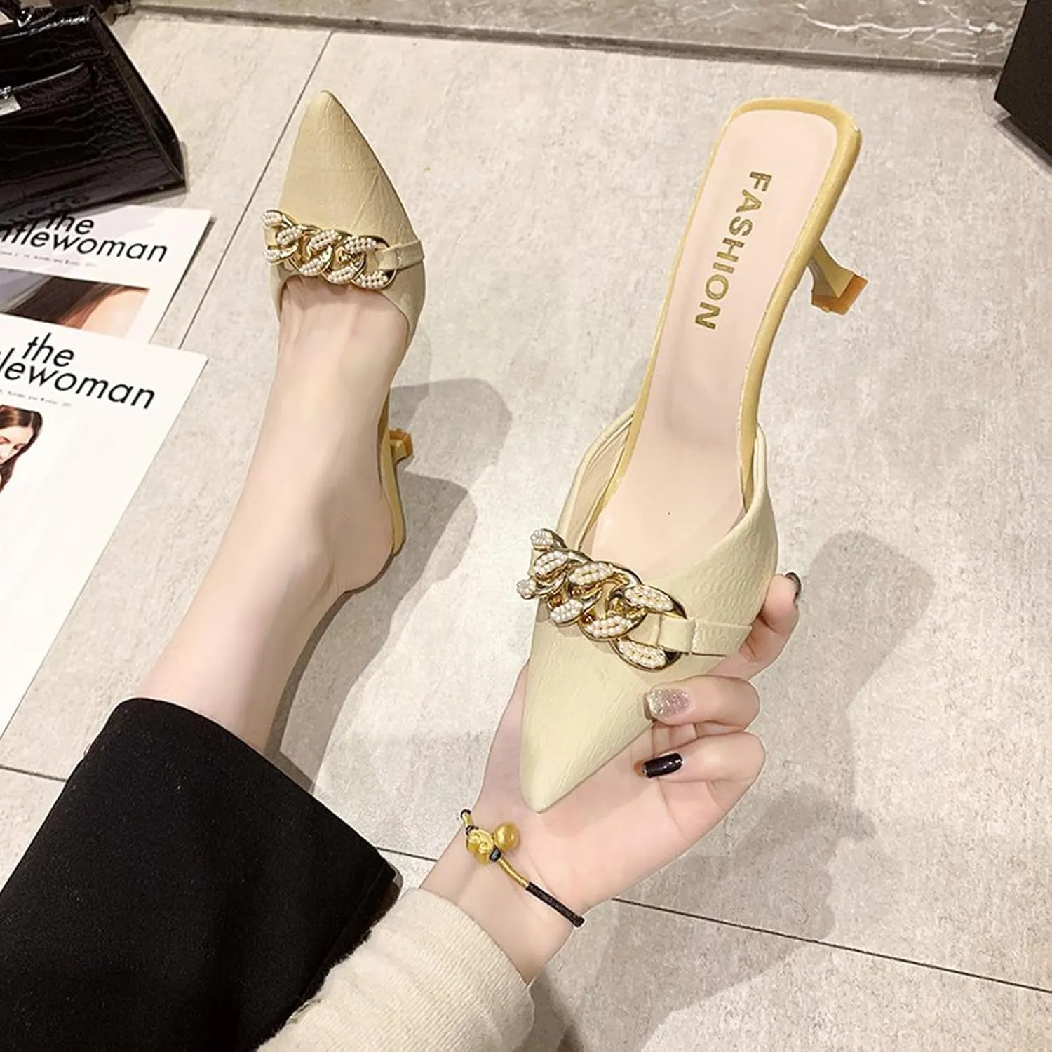 Women's Kitten Heel Mules,Pearl Chain Pointed Toe Mules Fashion Leather Stiletto High Heels Slip On Bridal Sandals for Women