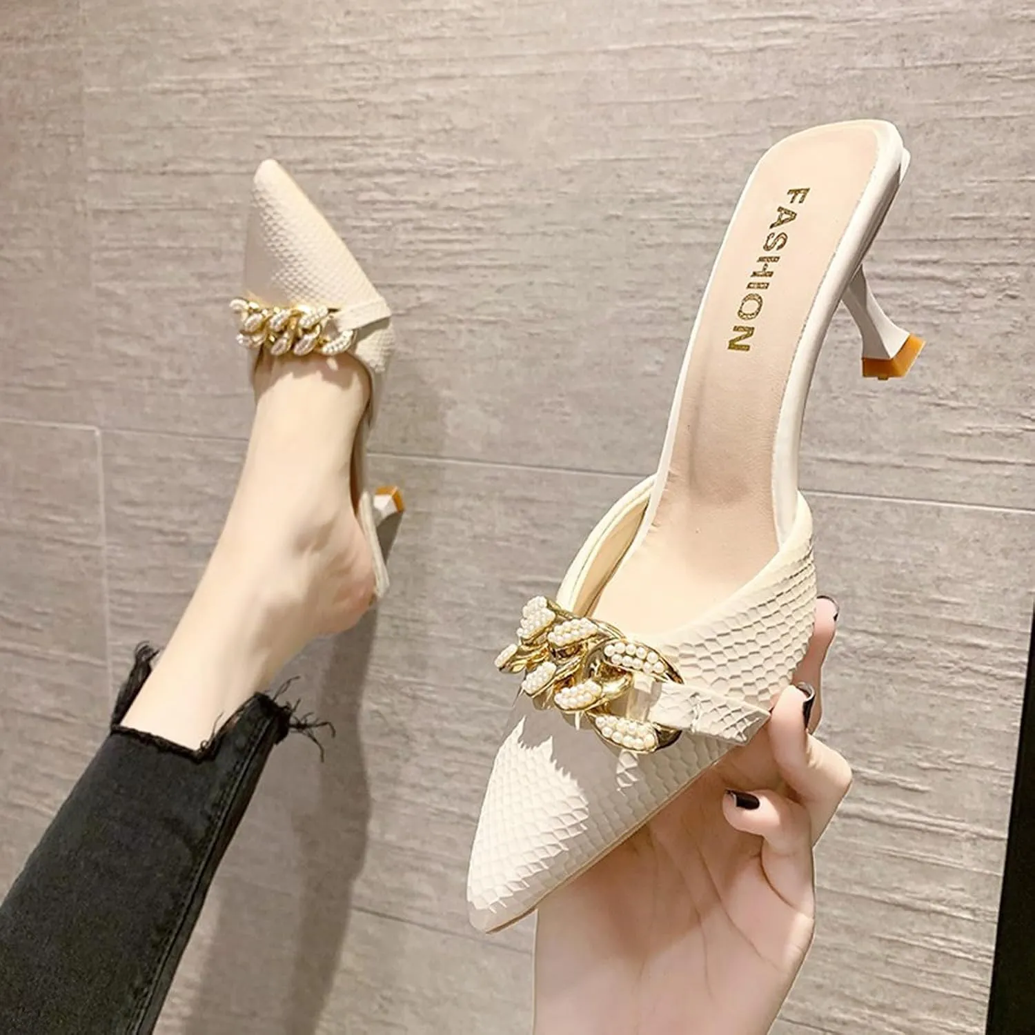 Women's Kitten Heel Mules,Pearl Chain Pointed Toe Mules Fashion Leather Stiletto High Heels Slip On Bridal Sandals for Women