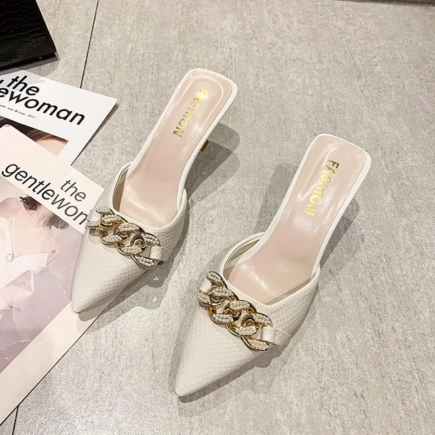 Women's Kitten Heel Mules,Pearl Chain Pointed Toe Mules Fashion Leather Stiletto High Heels Slip On Bridal Sandals for Women