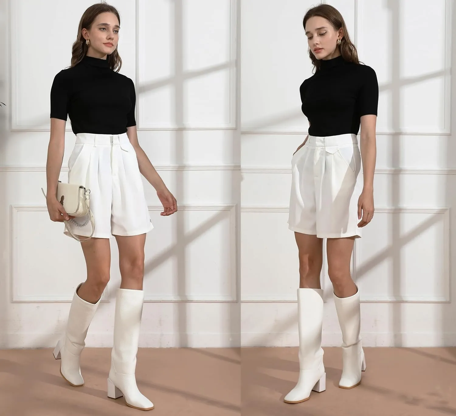 Women's Knee High Boots Chunky Heel Square Toe Side Zipper Tubular Leg Soft Lichee PU Leather Classic Fashion Dress Long Boots