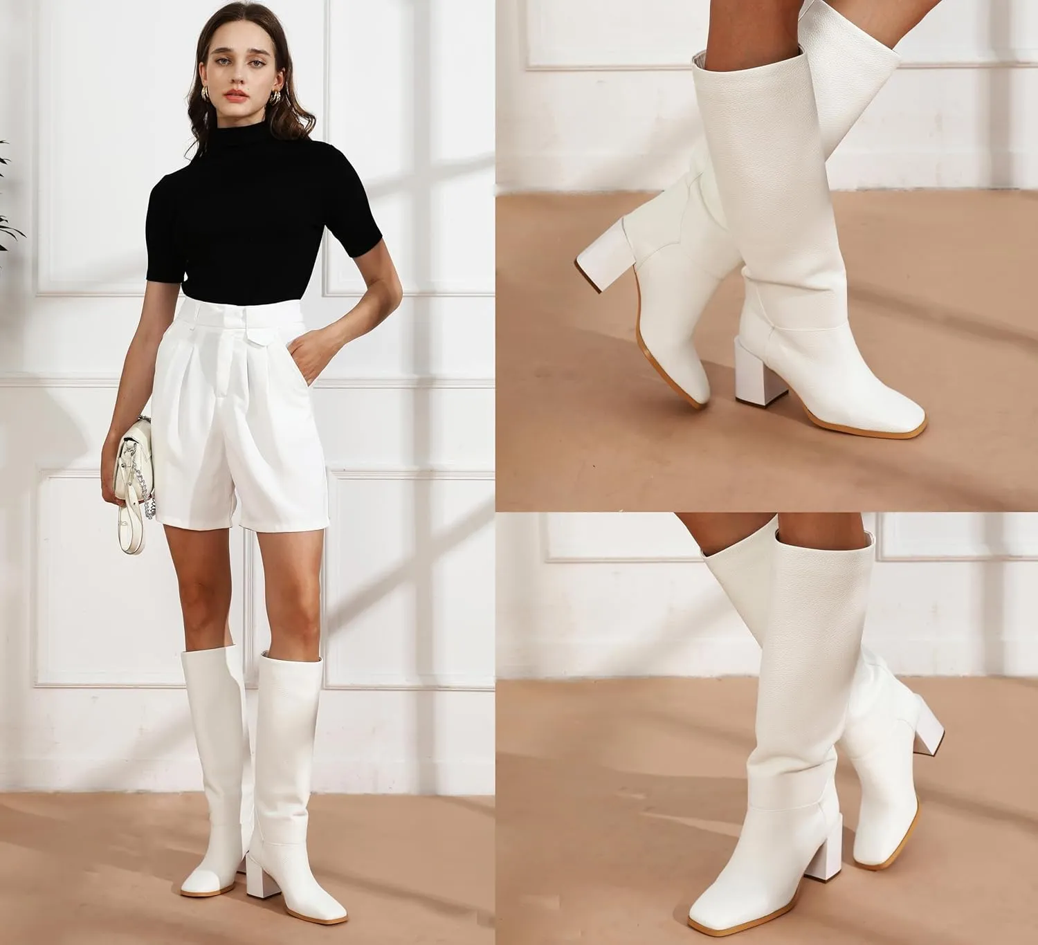Women's Knee High Boots Chunky Heel Square Toe Side Zipper Tubular Leg Soft Lichee PU Leather Classic Fashion Dress Long Boots
