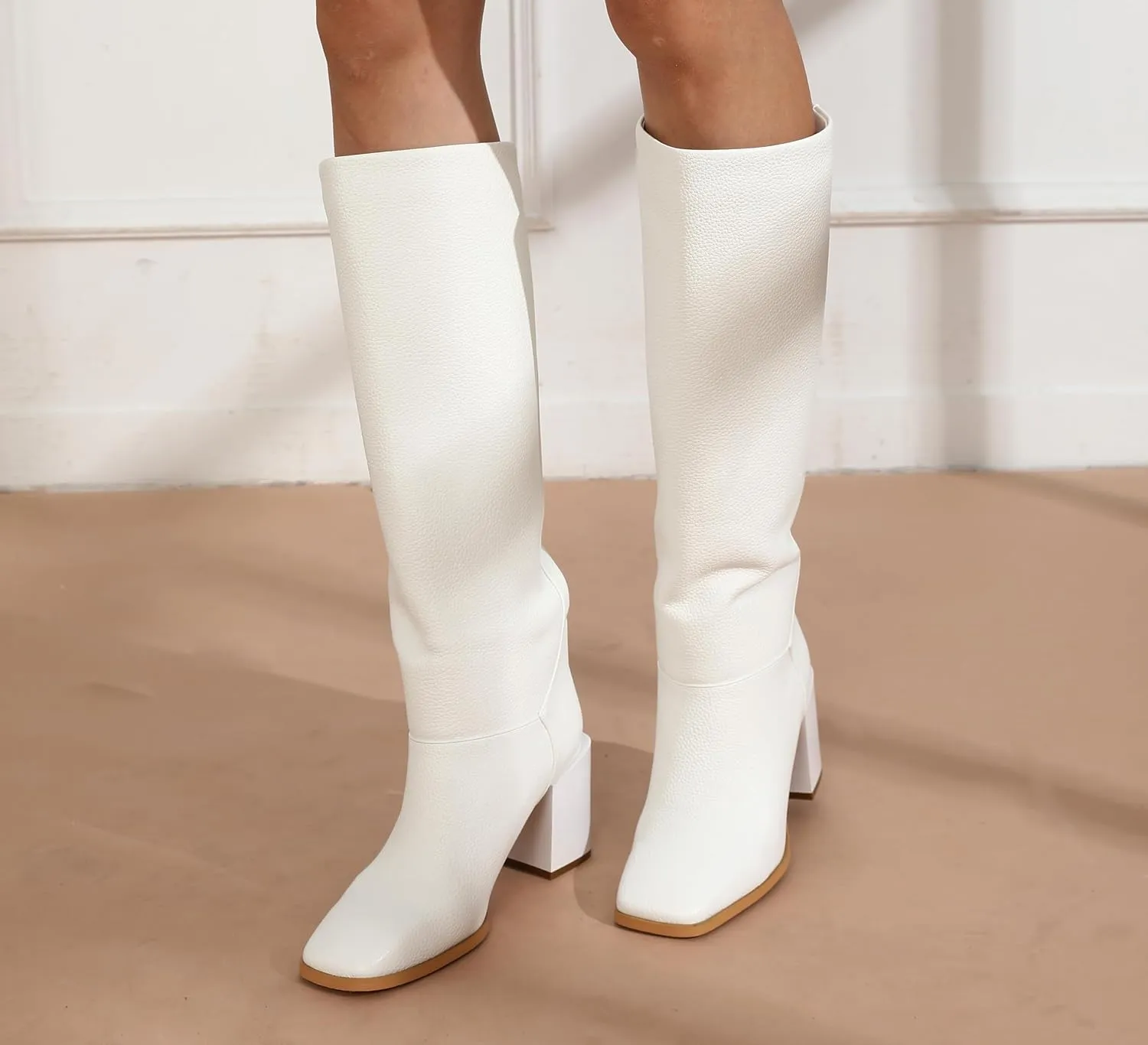 Women's Knee High Boots Chunky Heel Square Toe Side Zipper Tubular Leg Soft Lichee PU Leather Classic Fashion Dress Long Boots