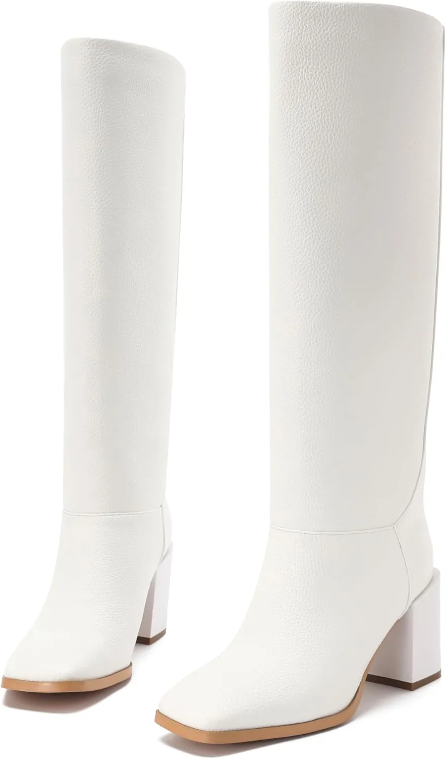 Women's Knee High Boots Chunky Heel Square Toe Side Zipper Tubular Leg Soft Lichee PU Leather Classic Fashion Dress Long Boots