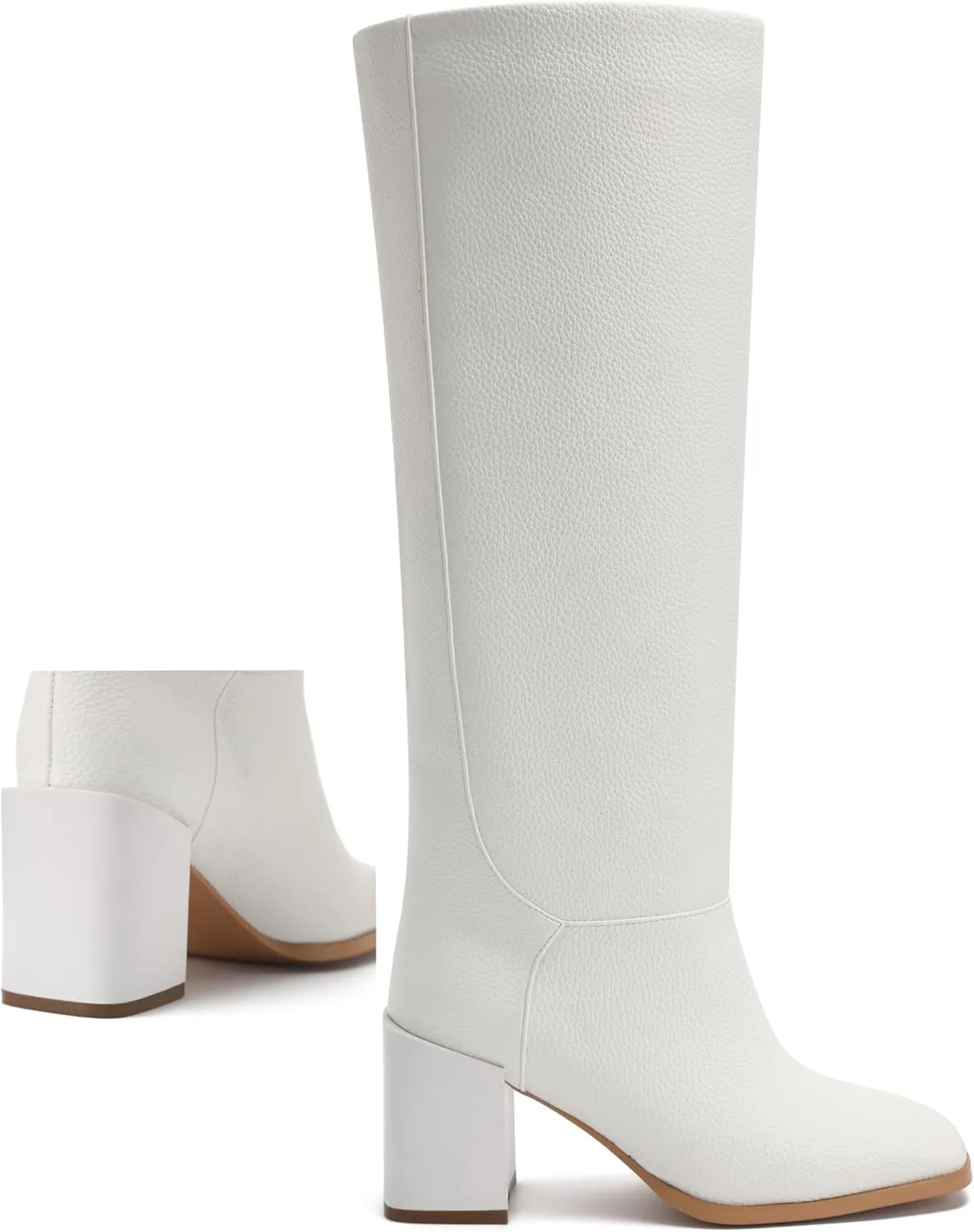 Women's Knee High Boots Chunky Heel Square Toe Side Zipper Tubular Leg Soft Lichee PU Leather Classic Fashion Dress Long Boots