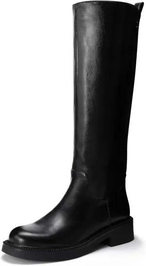Women's Knee High Boots Chunky Sole Round Toe Side Zipper Tubular Leg Soft PU Leather Daily Comfortable Dress Chelsea Boots