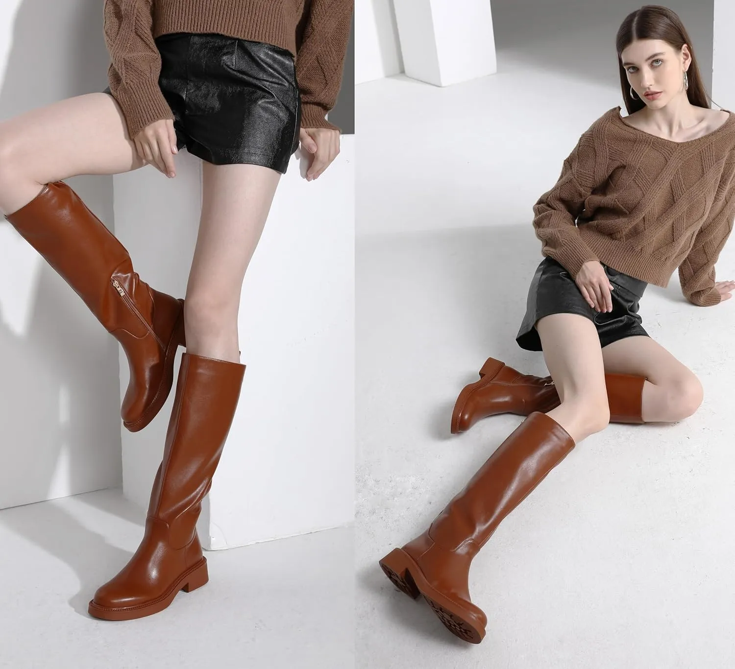 Women's Knee High Boots Chunky Sole Round Toe Side Zipper Tubular Leg Soft PU Leather Daily Comfortable Dress Chelsea Boots