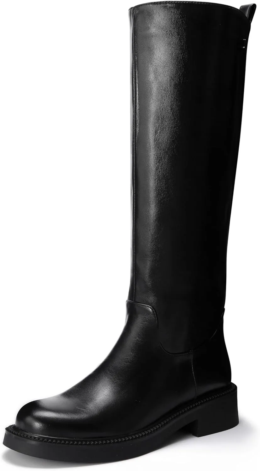 Women's Knee High Boots Chunky Sole Round Toe Side Zipper Tubular Leg Soft PU Leather Daily Comfortable Dress Chelsea Boots