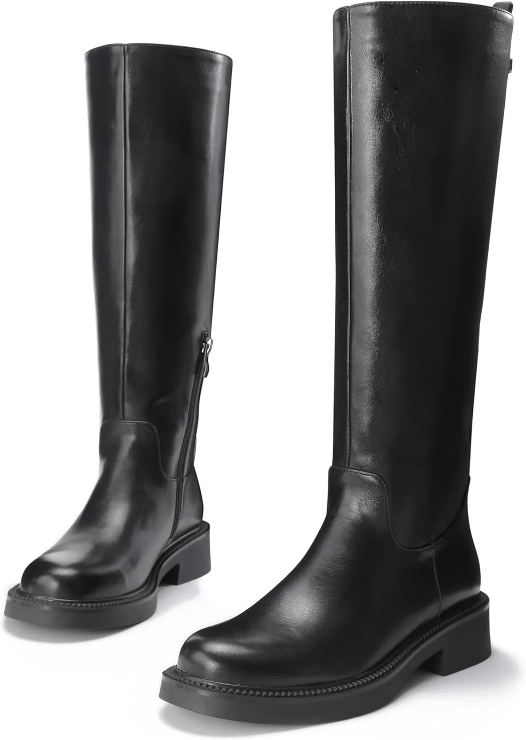 Women's Knee High Boots Chunky Sole Round Toe Side Zipper Tubular Leg Soft PU Leather Daily Comfortable Dress Chelsea Boots
