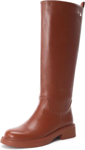 Women's Knee High Boots Chunky Sole Round Toe Side Zipper Tubular Leg Soft PU Leather Daily Comfortable Dress Chelsea Boots