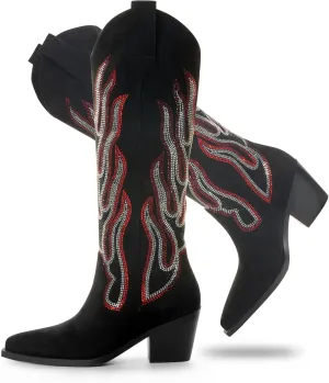 Womens Knee High Boots for Women Cowboy Boots Cowgirl Boots Western Boots Chunky Block Heel Pointed Toes Pull on