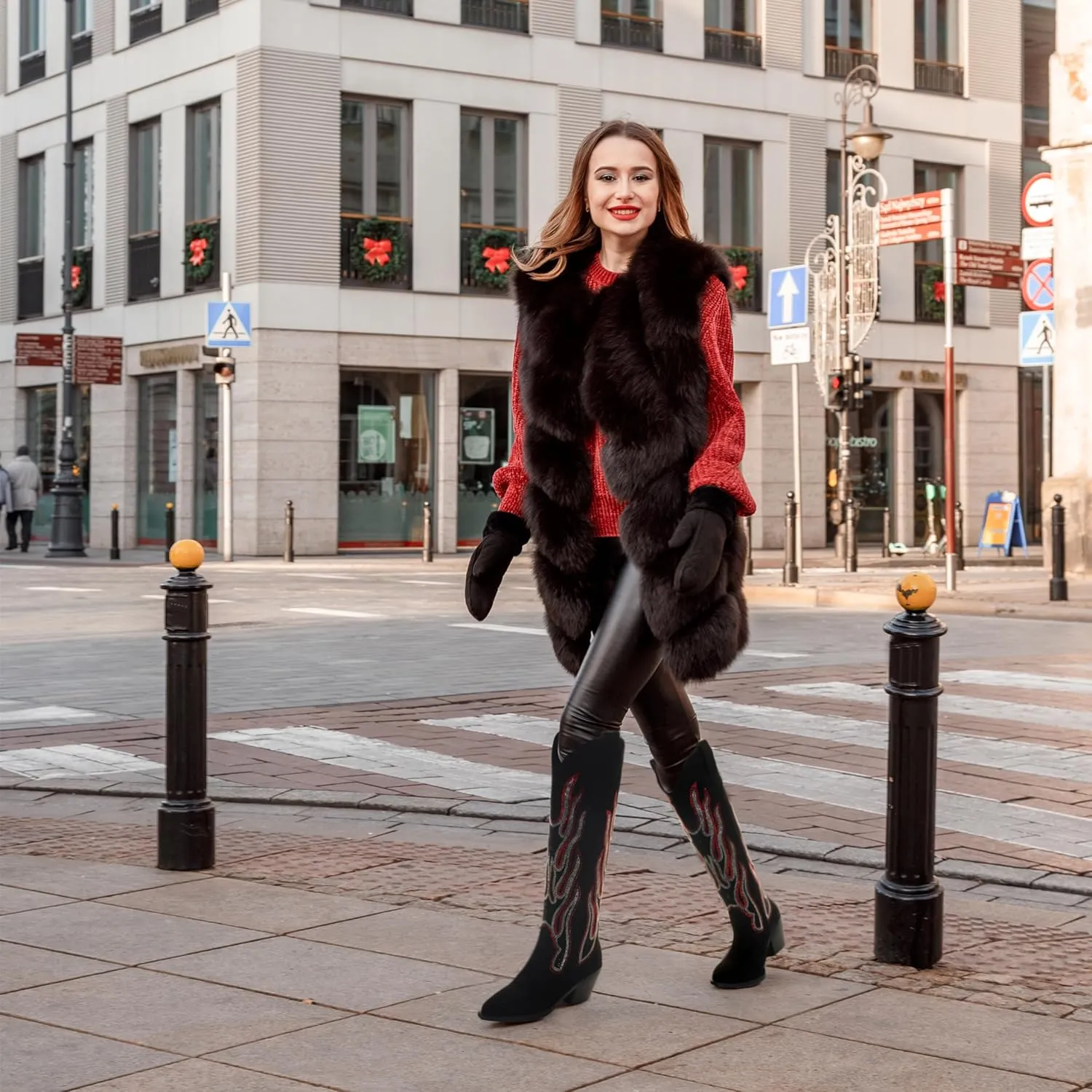 Womens Knee High Boots for Women Cowboy Boots Cowgirl Boots Western Boots Chunky Block Heel Pointed Toes Pull on