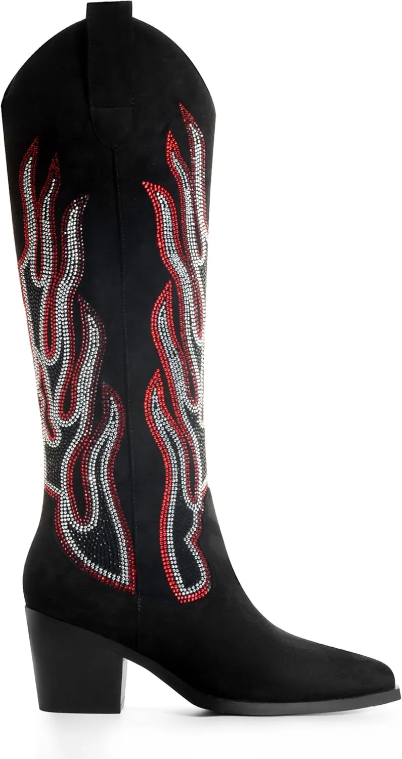 Womens Knee High Boots for Women Cowboy Boots Cowgirl Boots Western Boots Chunky Block Heel Pointed Toes Pull on