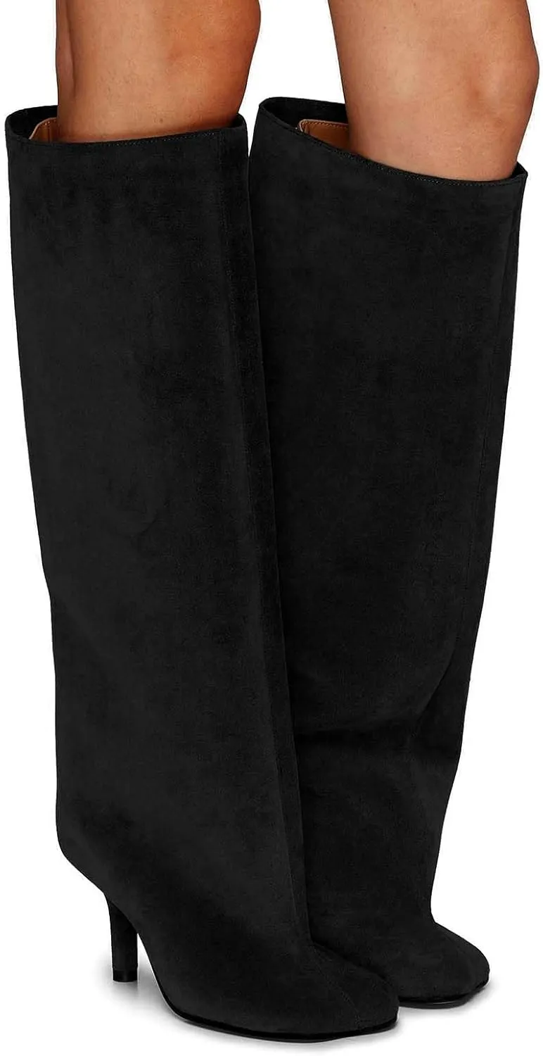 Women's Knee High Boots Nude Suede Wide Calf Stiletto Long Boots Pull On High Heel Riding Boots Fahion Dress Fall Tall Boots