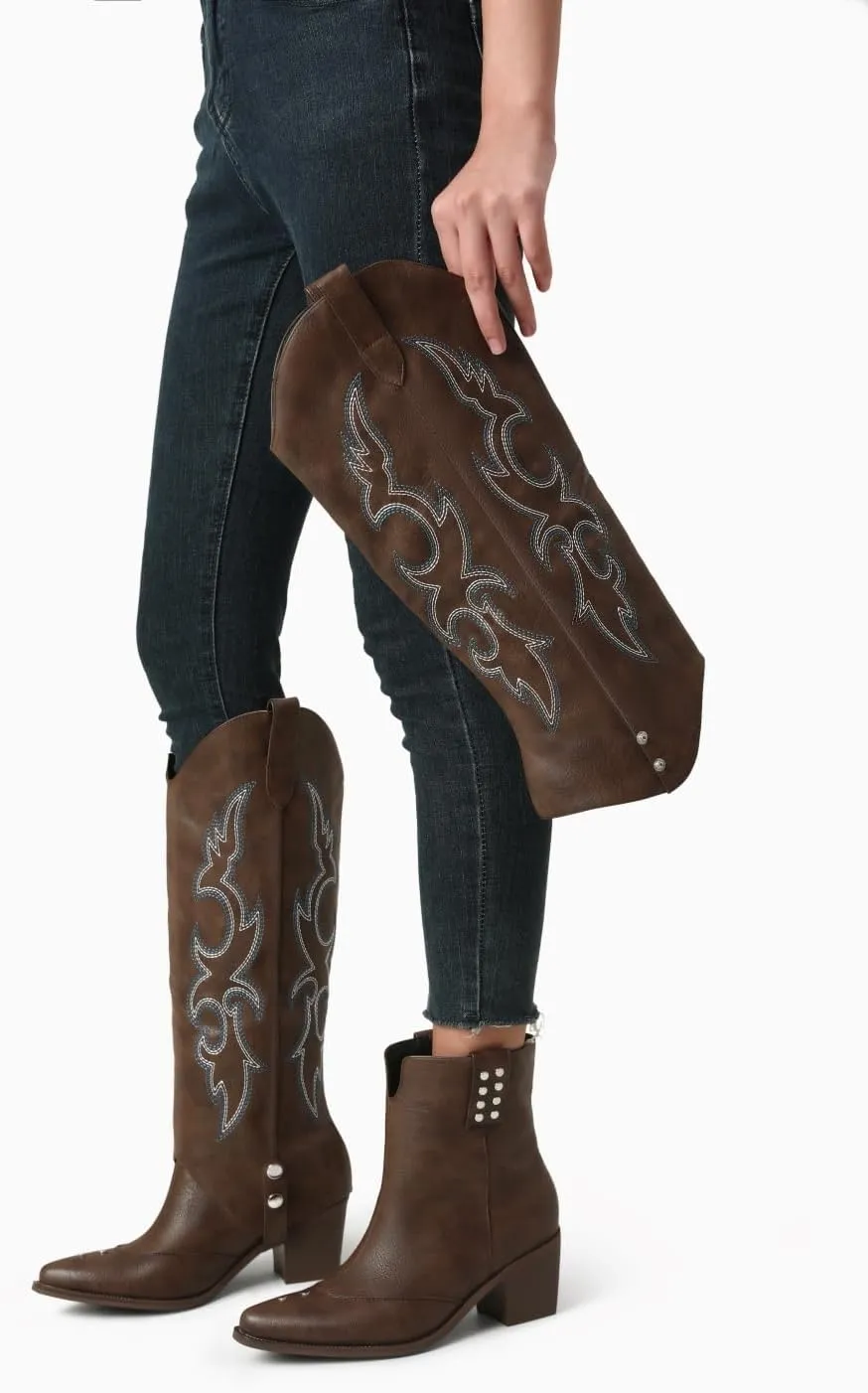 Women's Knee High Boots Pointed Toe Chunky Mid Heel Western Cowboy Boots For Women Wide Calf Riding Boot