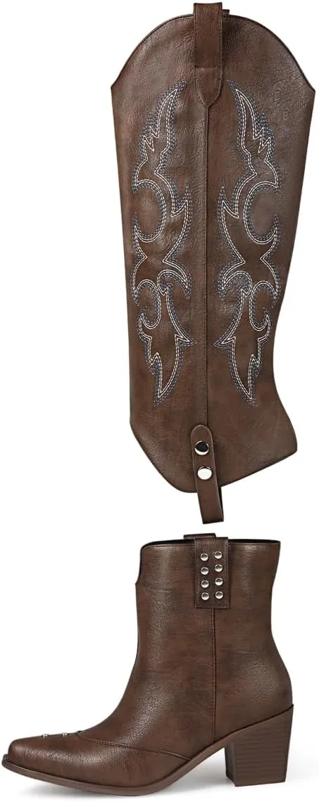 Women's Knee High Boots Pointed Toe Chunky Mid Heel Western Cowboy Boots For Women Wide Calf Riding Boot