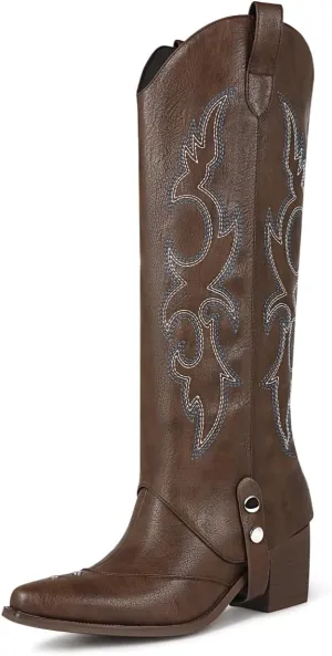 Women's Knee High Boots Pointed Toe Chunky Mid Heel Western Cowboy Boots For Women Wide Calf Riding Boot