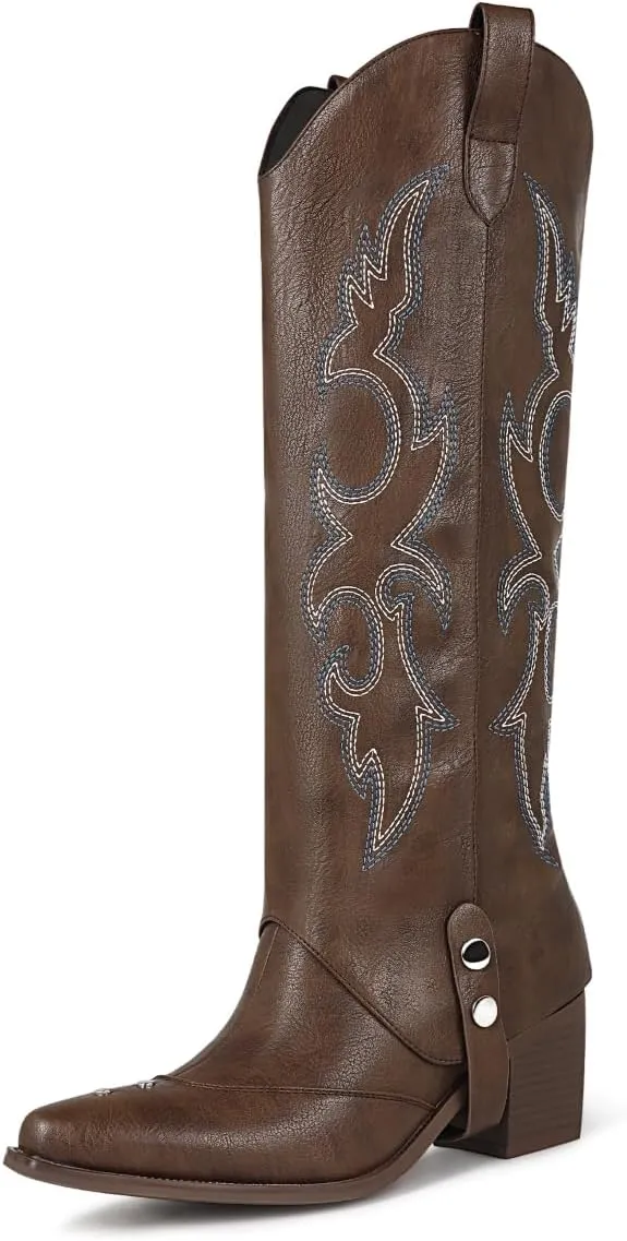 Women's Knee High Boots Pointed Toe Chunky Mid Heel Western Cowboy Boots For Women Wide Calf Riding Boot