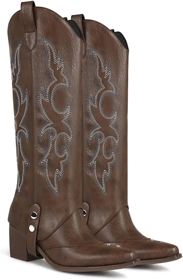 Women's Knee High Boots Pointed Toe Chunky Mid Heel Western Cowboy Boots For Women Wide Calf Riding Boot