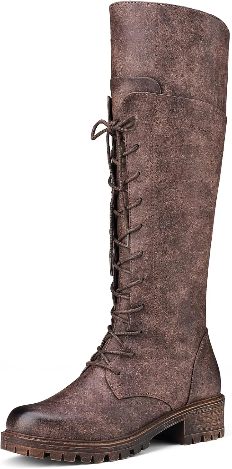 Women's Knee High Combat Boots Riding Biker Boots Lace Up Tall Boots for Women with Zipper
