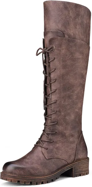 Women's Knee High Combat Boots Riding Biker Boots Lace Up Tall Boots for Women with Zipper