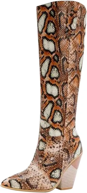 Womens Knee High Snakeskin Boots - Sexy Snake Print Pointed Toe Side Zipper Chunky High Heel Long Boots Casual Trendy Ladies Stack Heels Shoes