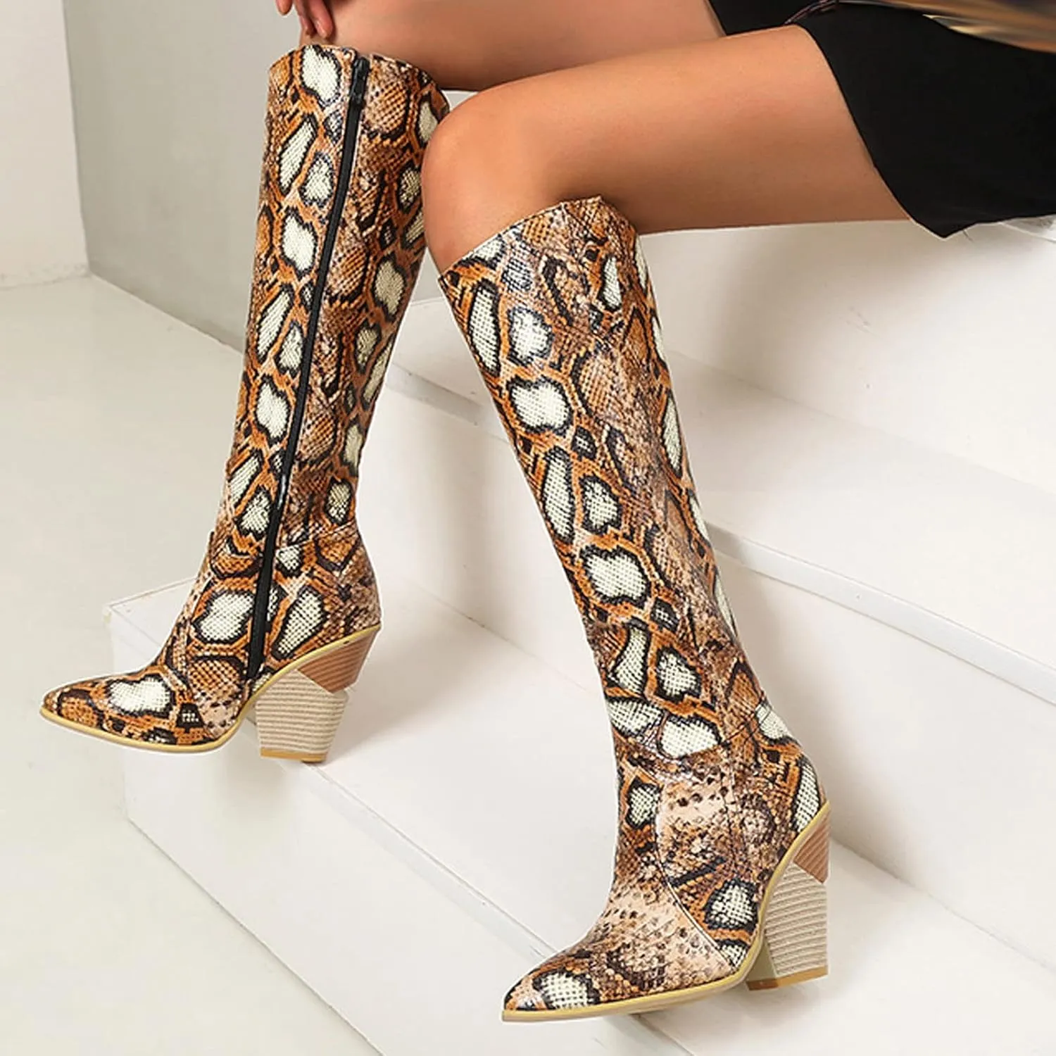 Womens Knee High Snakeskin Boots - Sexy Snake Print Pointed Toe Side Zipper Chunky High Heel Long Boots Casual Trendy Ladies Stack Heels Shoes